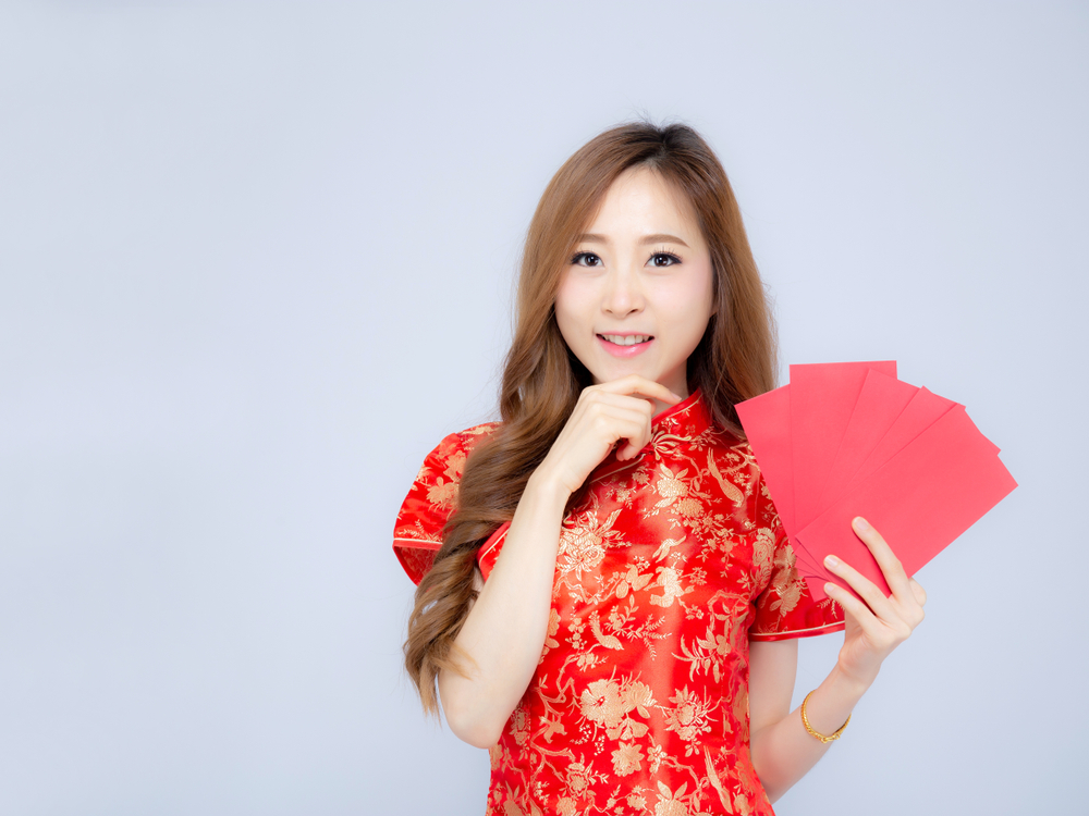 Beautiful,Portrait,Young,Asian,Woman,Cheongsam,Dress,Smiling,Holding,Red